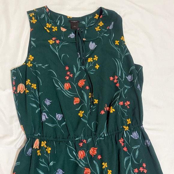 Ann Taylor Factory Dresses & Skirts - Ann Taylor Factory Green Floral Sleeveless Tie Neck Ruffle Hem Dress Large